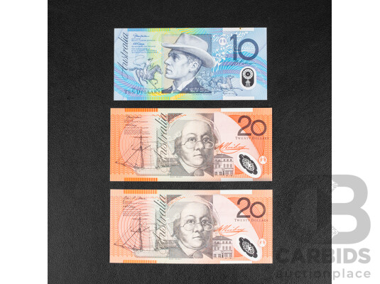 Three Australian Banknotes Including 2005 and 2007 Twenty Dollars, 2003 Ten Dollars