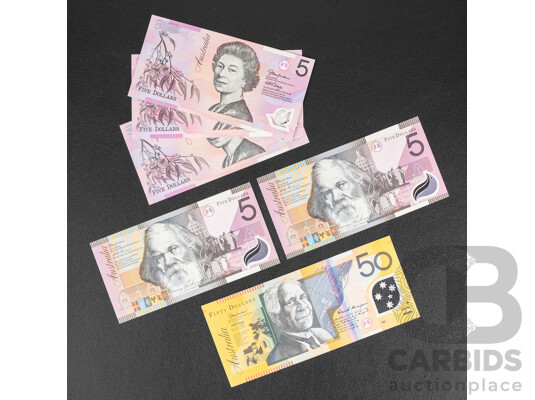 Six Australian Banknotes Including 1998(2) 2001(2) 2005 Five Dollars, 2006 Fifty Dollars