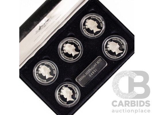 Australian RAM Masterpieces in Silver, Five Silver Commemorative Fifty Cent Coins, 1970, 1977, 1981, 1982 1989 .925