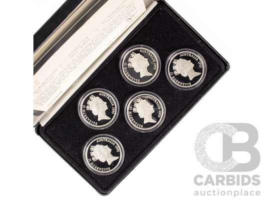 Australian 1995 Masterpieces in Silver Five Silver Proof Five Dollar Coins, Colonial Australia .925
