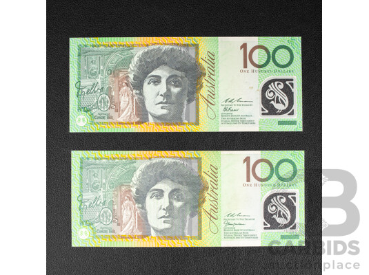Two Australian One Hundred Dollar Notes, 1996 Fraser/Evans and 1999 MacFarlane/Evans