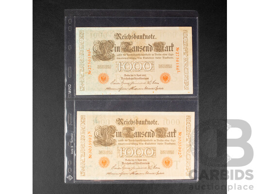 Collection of International Banknotes Including Two German 1910 One Thousand Marks, French Pacific Territory 1000 Francs, Peru, Argentina, Mozambique