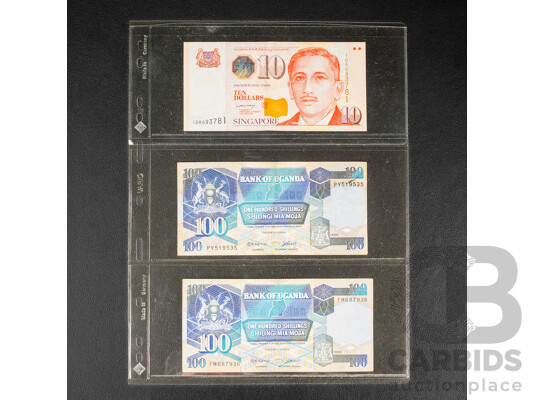 Collection of International Banknotes Including Three Consecutive Brazil One Hundred Cruzados, Singapore, Hong Kong, Macau, Ghana, Zaire, Uganda