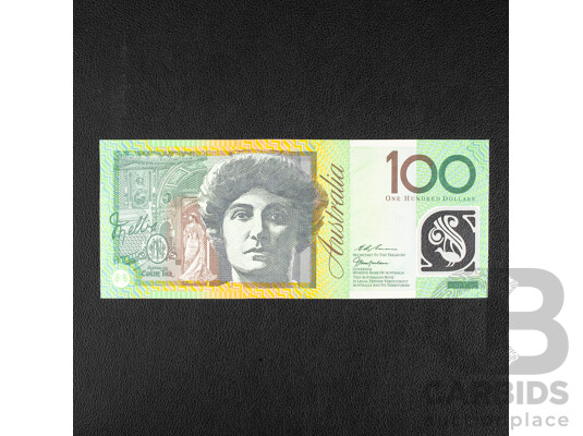 Australian 1999 UNC One Hundred Dollar Note, MacFarlane/Evans, Ink Splotch Near Serial