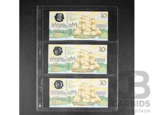 Three Australian 1988 UNC Ten Dollar Notes, Bicentennial Fraser/Evans, R310bf
