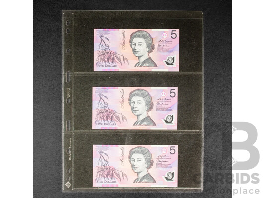 Three Australian 1998 UNC Five Dollar Notes, Fraser/MacFarlane,
