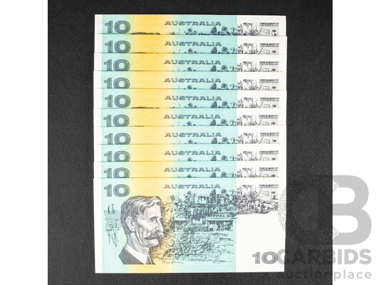 Ten Australian 1991 UNC Ten Dollar Notes, Fraser/Cole, R313a, Consecutive MQD951845 - MQD951854