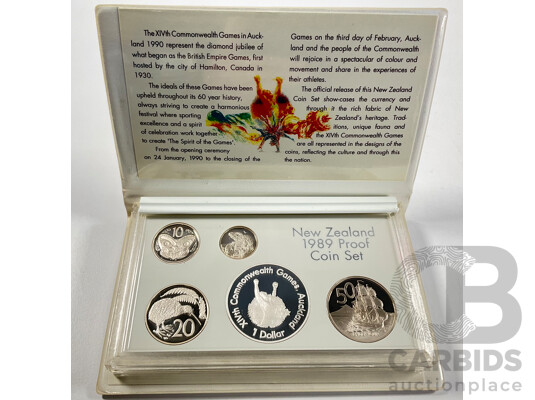 New Zealand 1989 Five Proof Coin Set, Commonwealth Games Including Silver One Dollar .925