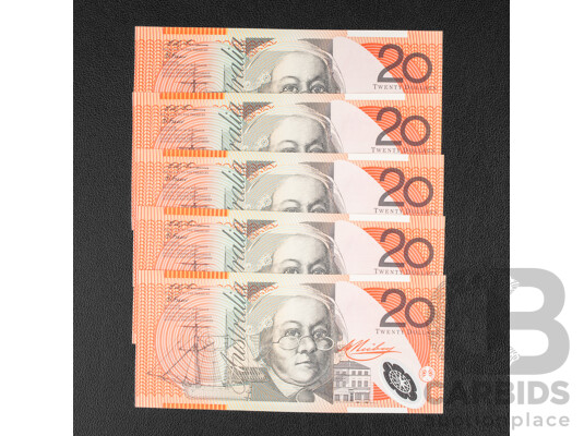 Five Australian 1994 UNC Twenty Dollar Notes, Fraser/Evans, Consecutive CL94249521 - CL94249525