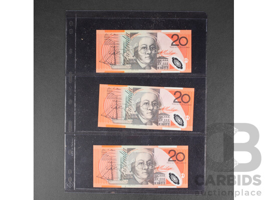 Three Australian 2008 UNC Twenty Dollar Notes, Stevens/Henry