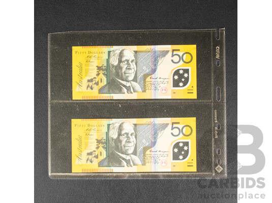 Two Australian 1995 UNC Fifty Dollar Notes, Fraser/Evans, Consecutive BK95293119 - BK95293120