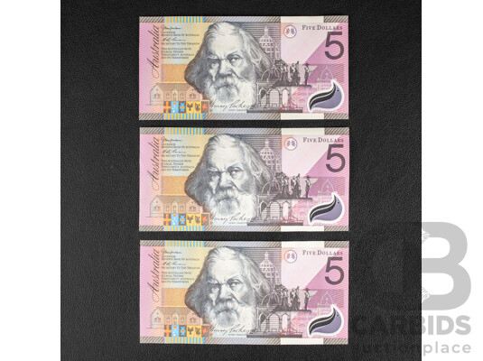 Three Australian 2001 UNC Five Dollar Notes, MacFalane/Evans, Consecutive FF01383587 - FF01383587 - FF01383589