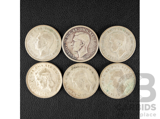 Six Australian KGVI Silver Florins Including Three 1946 and Three 1947 .500