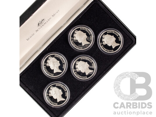 Australian 1995 Masterpieces in Silver Five Silver Proof Five Dollar Coins, Colonial Australia .925
