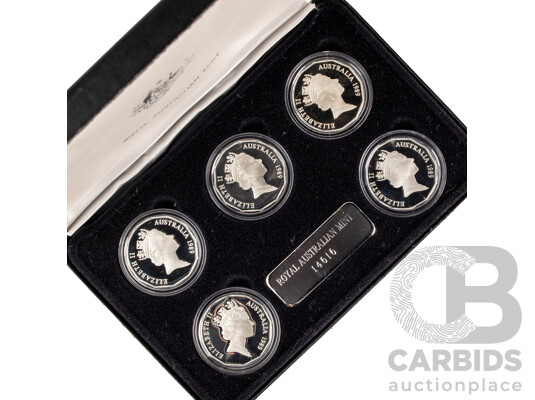 Australian RAM Masterpieces in Silver, Five Silver Commemorative Fifty Cent Coins, 1970, 1977, 1981, 1982 1989 .925