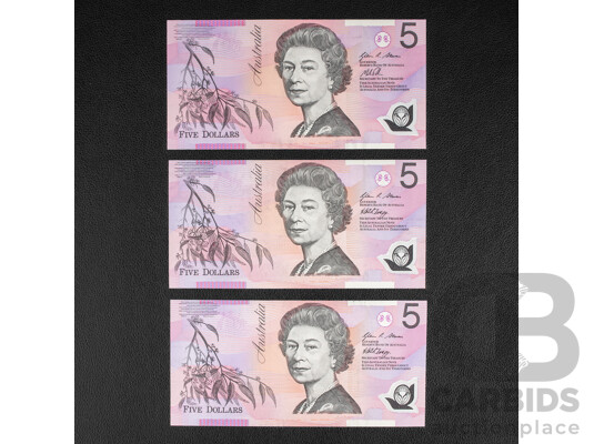 Three Australian UNC Five Dollar Notes, Two 2008 Stephens/Henry and 2012 Stephens/Parkinson