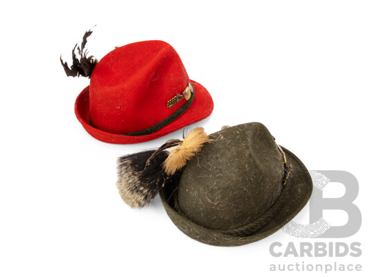 Pair of Vintage German Tyrolean Hats with Original Pins and Feathers