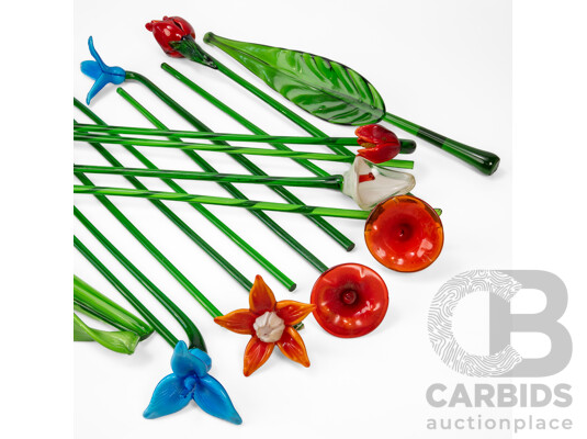 Collection of 13 Glass Faux Flowers with Three Pieces of Foliage