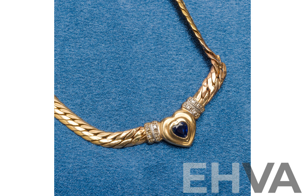 14ct Yellow Gold Curb Link Necklace with Diamonds and Blue Sapphire - 12.67gms