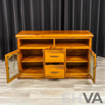 Modern Pine Entertainment Cabinet with Lead Light Doors
