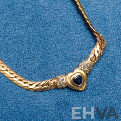 14ct Yellow Gold Curb Link Necklace with Diamonds and Blue Sapphire - 12.67gms