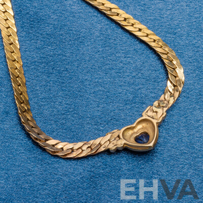 14ct Yellow Gold Curb Link Necklace with Diamonds and Blue Sapphire - 12.67gms
