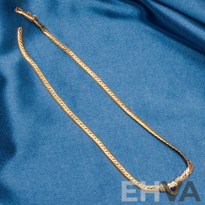 14ct Yellow Gold Curb Link Necklace with Diamonds and Blue Sapphire - 12.67gms