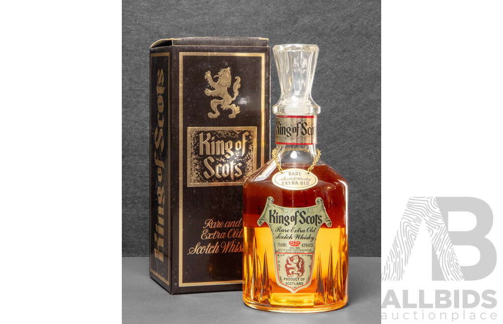 Early Bottling of King of Scots Rare Extra Old Scotch Whisky in Decanter with Medallion and Presentation Box