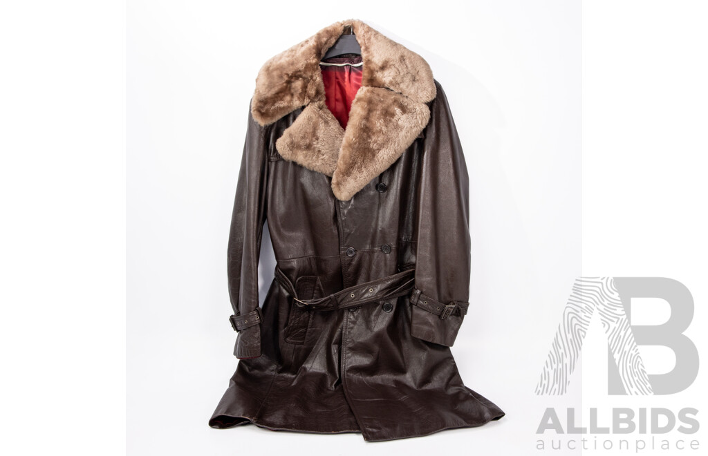 Men's Kriegsmarine Brown Leather Fur Collar Deck Jacket Pea Coat