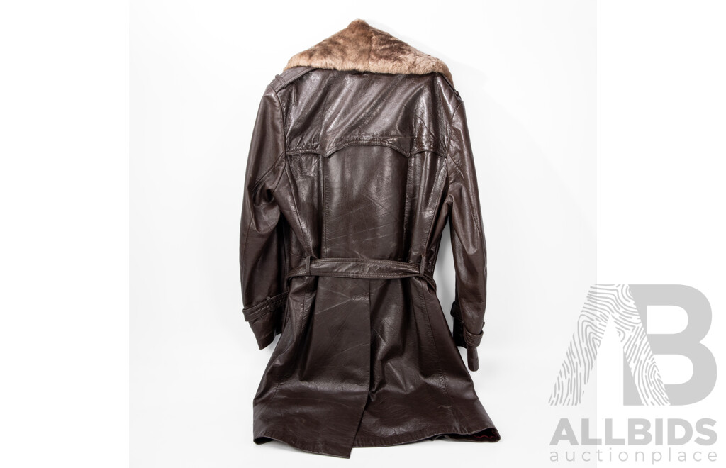 Men's Kriegsmarine Brown Leather Fur Collar Deck Jacket Pea Coat
