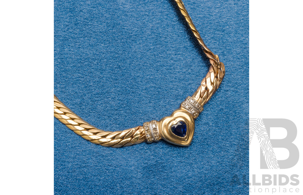 14ct Yellow Gold Curb Link Necklace with Diamonds and Blue Sapphire - 12.67gms