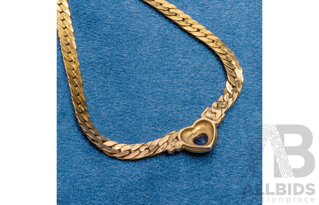 14ct Yellow Gold Curb Link Necklace with Diamonds and Blue Sapphire - 12.67gms