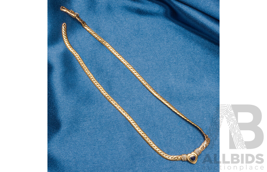 14ct Yellow Gold Curb Link Necklace with Diamonds and Blue Sapphire - 12.67gms