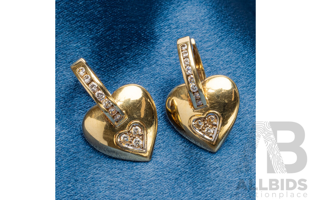 14ct Yellow Gold Heart and Diamond Earrings - 7.69gms