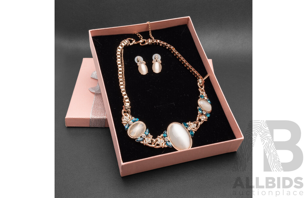 Rose Gold Tone Costume Necklace and Earrings Set in Box