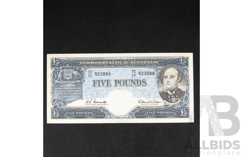 Australian 1960 Five Pound Note, R50 Coombs/Wilson TC77 923088