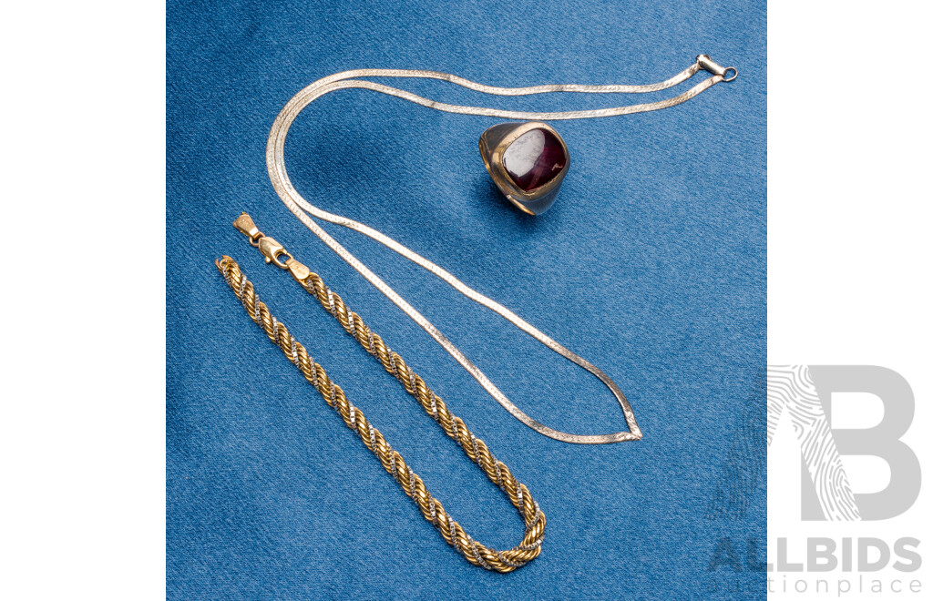 9ct Gold Bracelet and Signet Ring, 925 Sterling Silver Necklace - Lot of 3