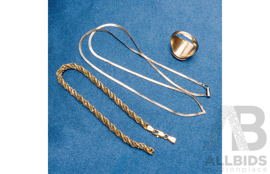 9ct Gold Bracelet and Signet Ring, 925 Sterling Silver Necklace - Lot of 3