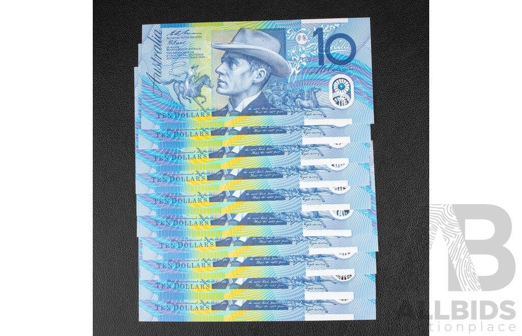 Ten Australian 1993 UNC Ten Dollar Notes, Fraser/Evans, R316a, Consecutive AG 93210815 - AG 93210824
