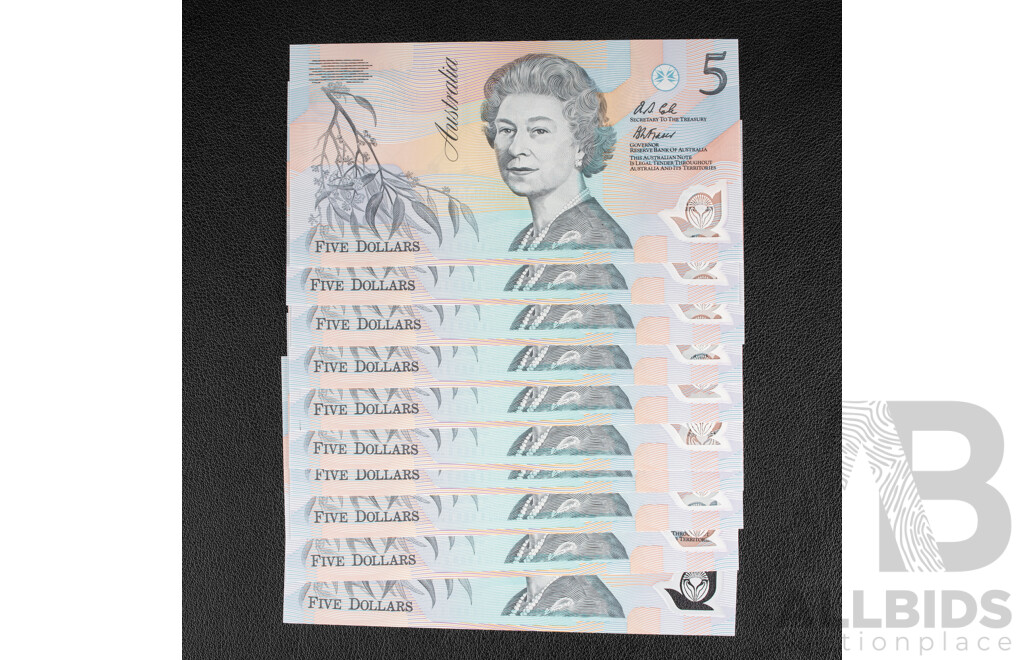 Ten Australian 1992 UNC Five Dollar Notes, Fraser/Cole, R214, Consecutive AA 51603364 - AA 51603373