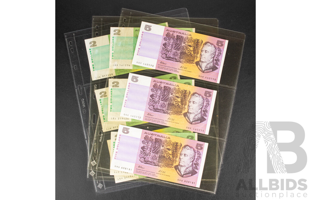 Nine Australian Banknotes Including Three 1991 Five Dollars, Fraser/Cole R213 and Six 1985 Two Dollars, Johnston/Fraser R89