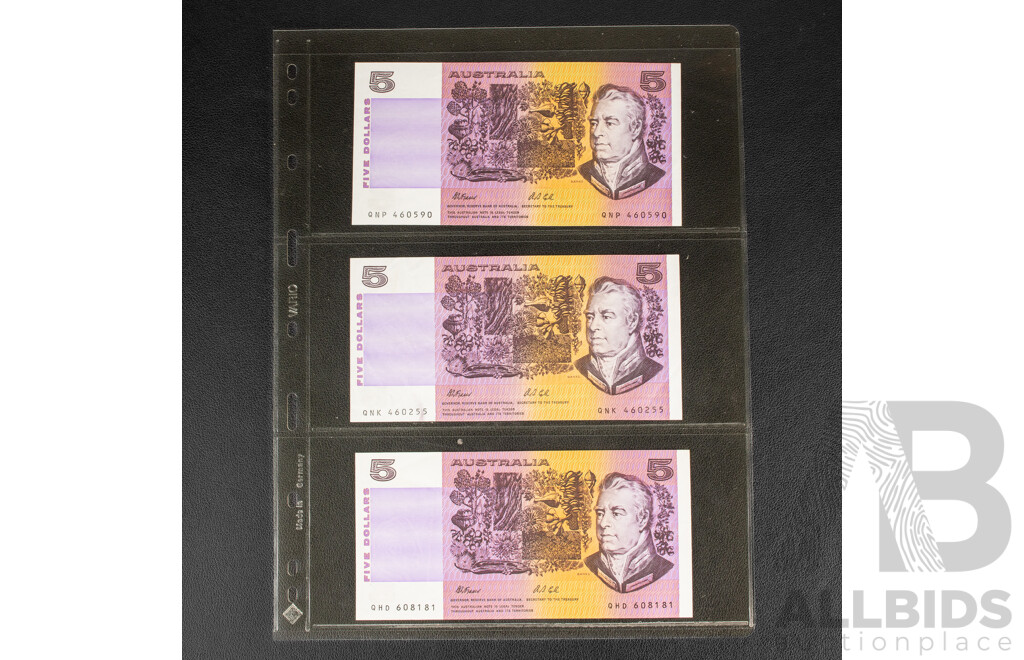 Nine Australian Banknotes Including Three 1991 Five Dollars, Fraser/Cole R213 and Six 1985 Two Dollars, Johnston/Fraser R89
