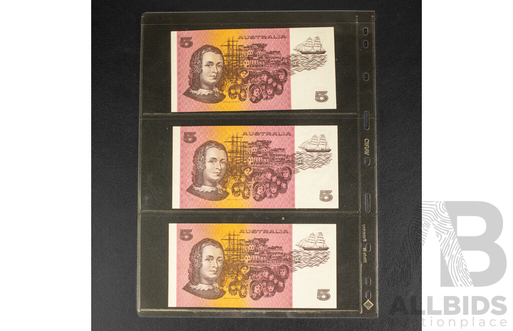 Nine Australian Banknotes Including Three 1991 Five Dollars, Fraser/Cole R213 and Six 1985 Two Dollars, Johnston/Fraser R89