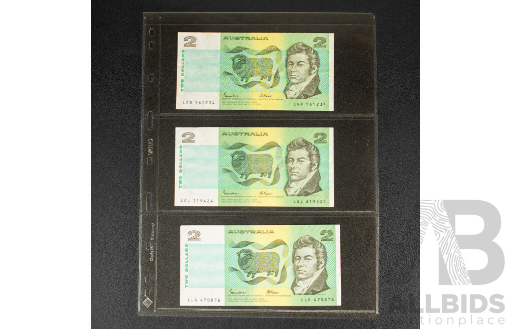 Nine Australian Banknotes Including Three 1991 Five Dollars, Fraser/Cole R213 and Six 1985 Two Dollars, Johnston/Fraser R89