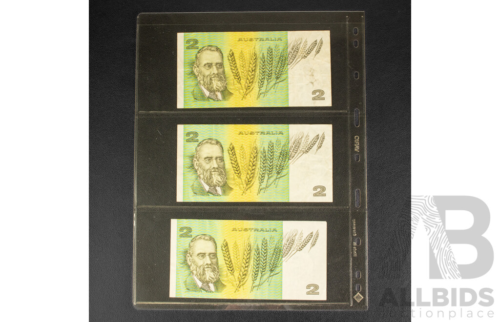 Nine Australian Banknotes Including Three 1991 Five Dollars, Fraser/Cole R213 and Six 1985 Two Dollars, Johnston/Fraser R89