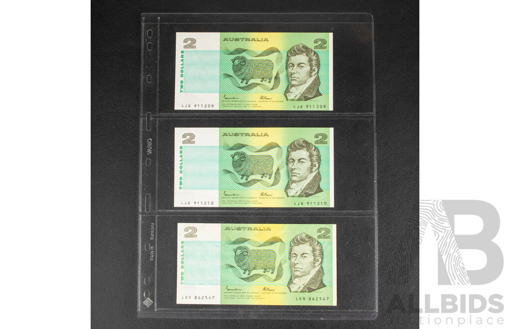 Nine Australian Banknotes Including Three 1991 Five Dollars, Fraser/Cole R213 and Six 1985 Two Dollars, Johnston/Fraser R89