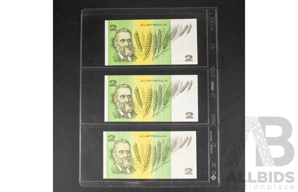 Nine Australian Banknotes Including Three 1991 Five Dollars, Fraser/Cole R213 and Six 1985 Two Dollars, Johnston/Fraser R89