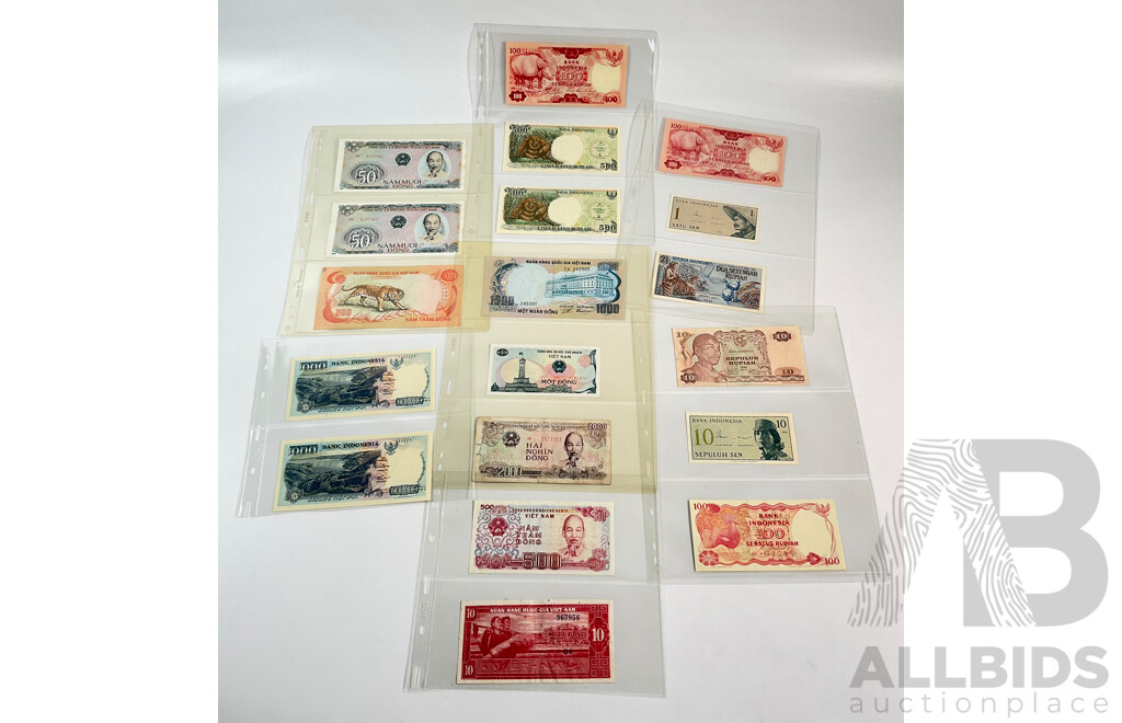Collection of Vietnam and Indonesia Banknotes Including Consecutive