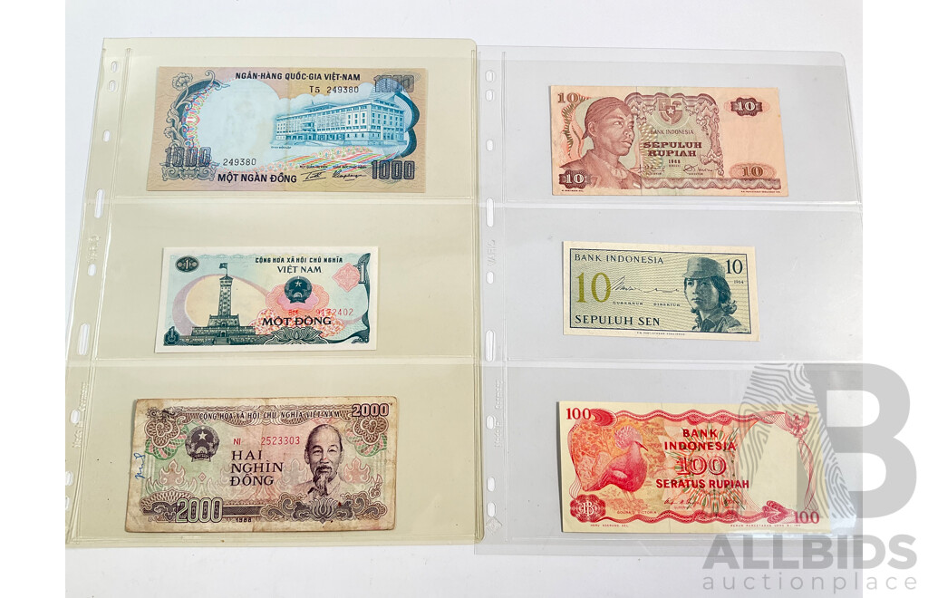 Collection of Vietnam and Indonesia Banknotes Including Consecutive