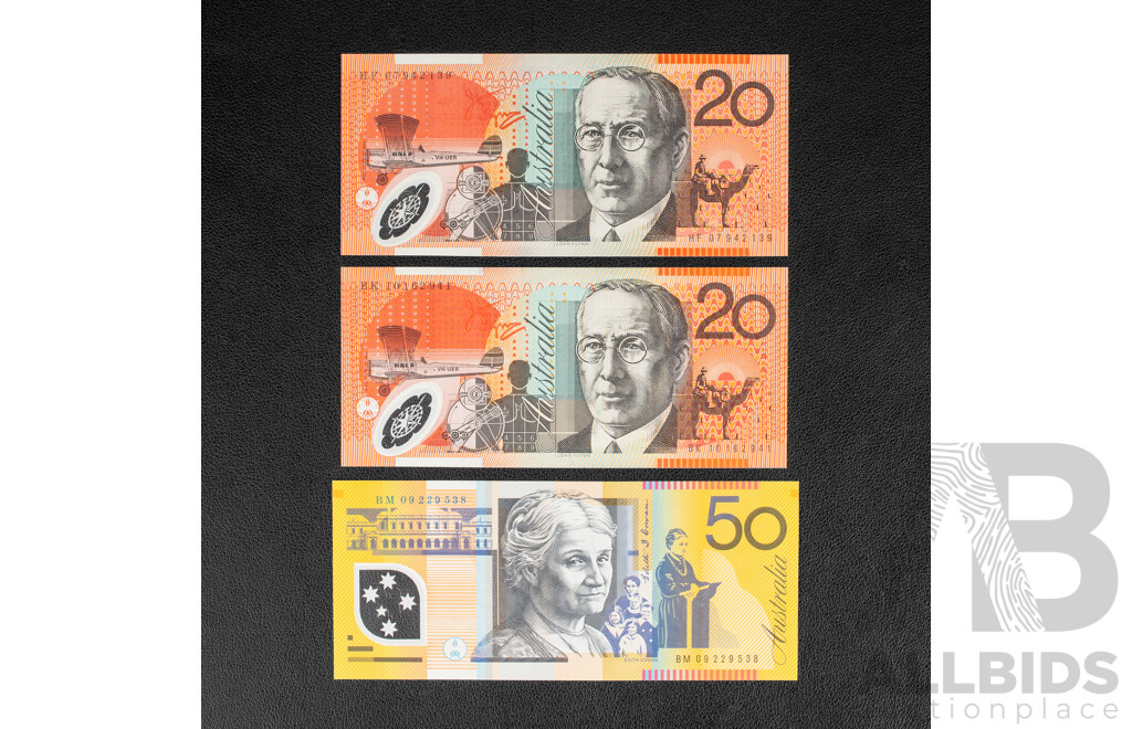 Three Australian Banknotes Including 2009 Fifty Dollars Stevens/Henry, 2007 and 2010 Twenty Dollars Stevens/Henry